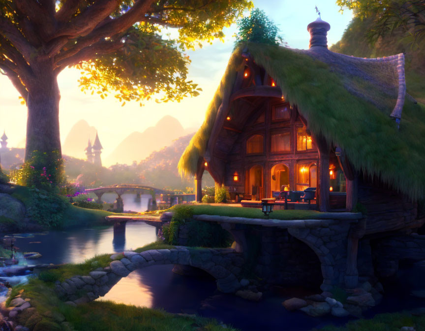 Thatched Roof Cottage by Serene River at Sunset