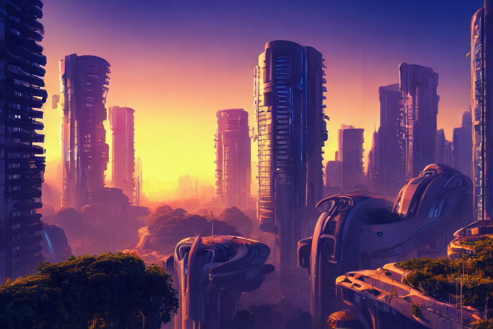 Futuristic cityscape at sunset with sleek skyscrapers and advanced transportation systems