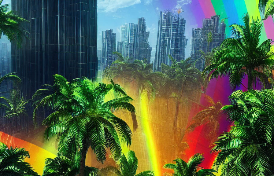 Futuristic cityscape digital art with skyscrapers, palm trees, and rainbow