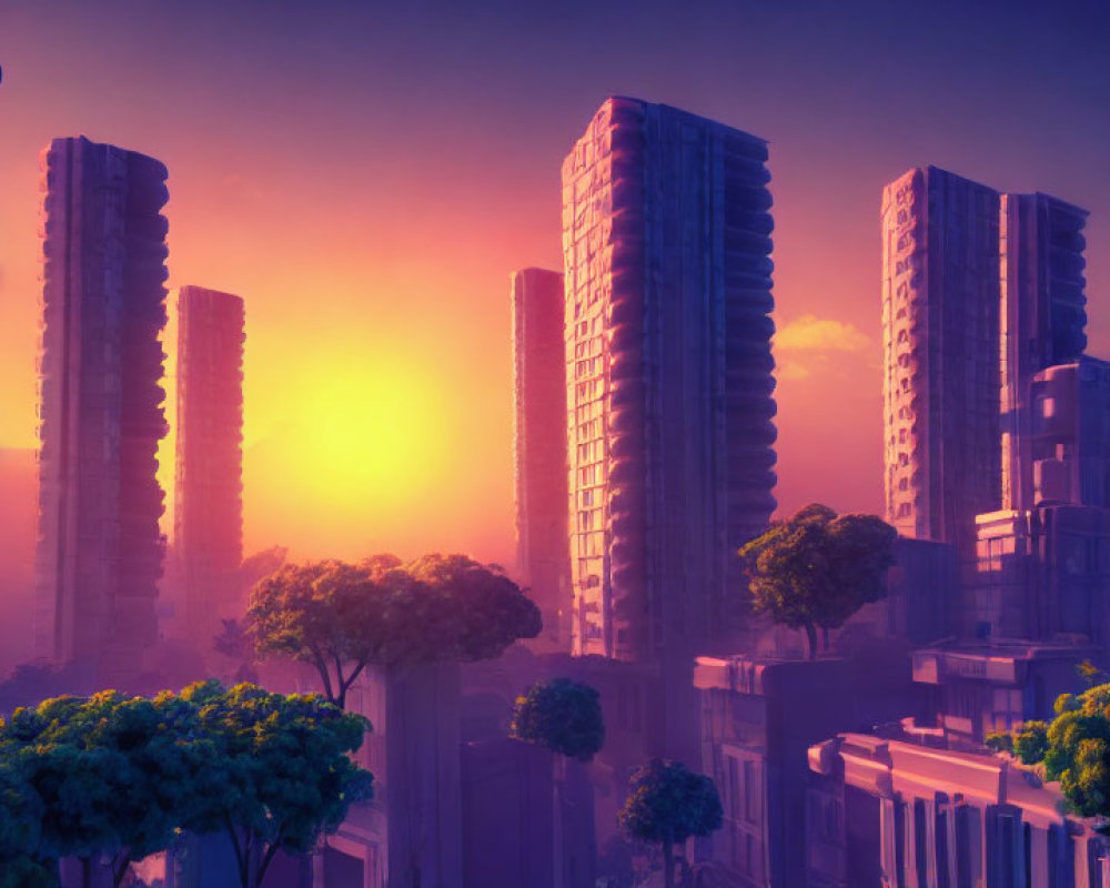 Surreal cityscape with purple and orange glow, high-rise buildings, and lush trees