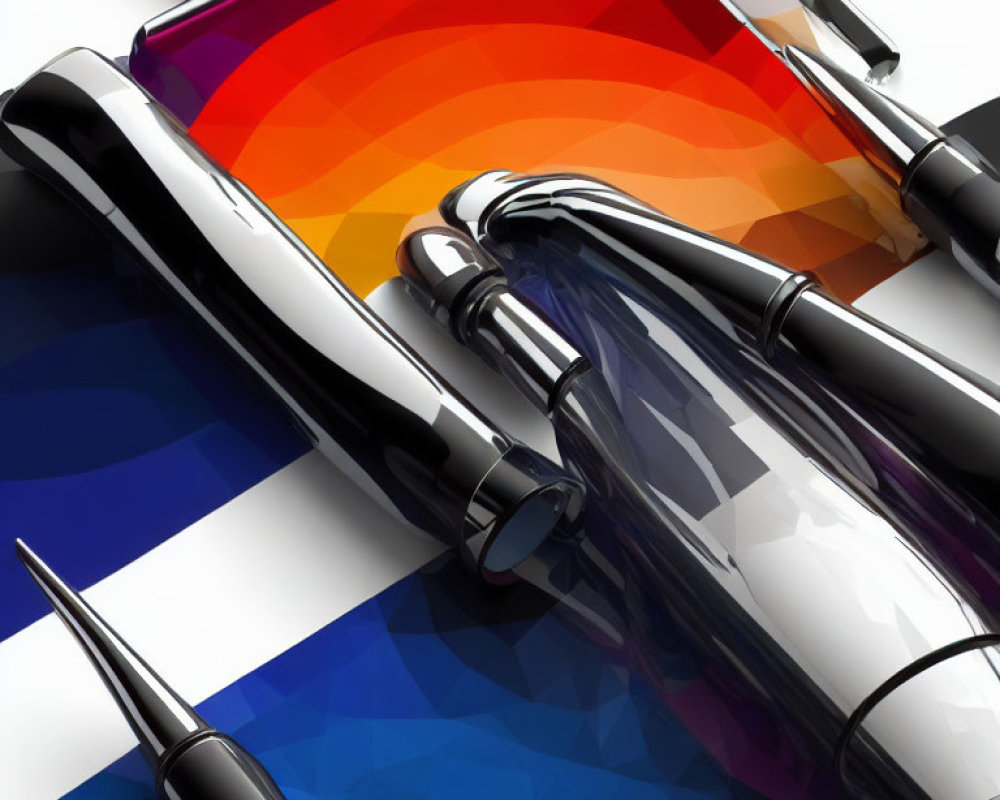 Colorful 3D Illustration of Sleek Fountain Pens on Overlapping Panels