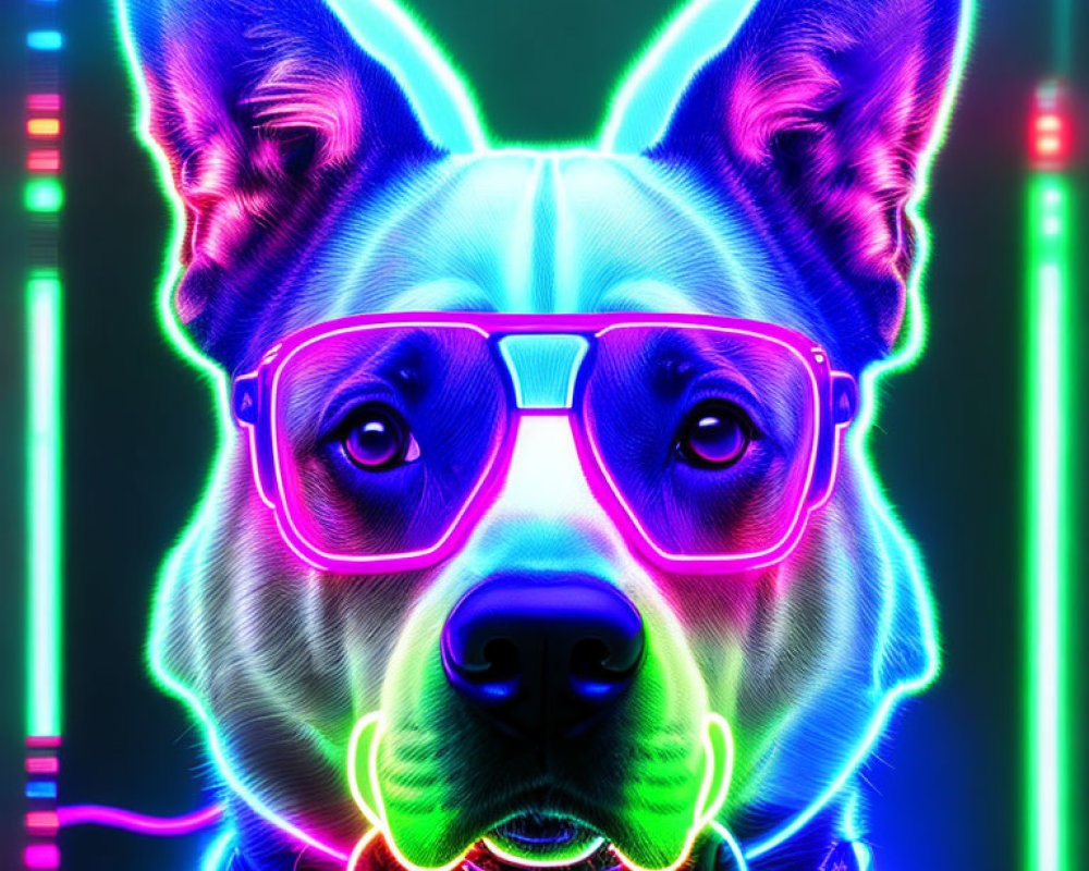 Neon-colored digital art of a dog with glasses