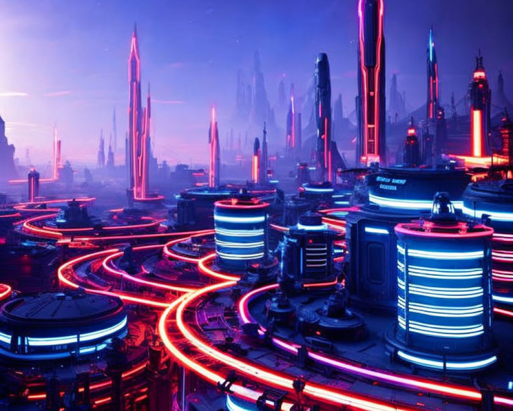 Vibrant futuristic cityscape at night with neon lights and skyscrapers