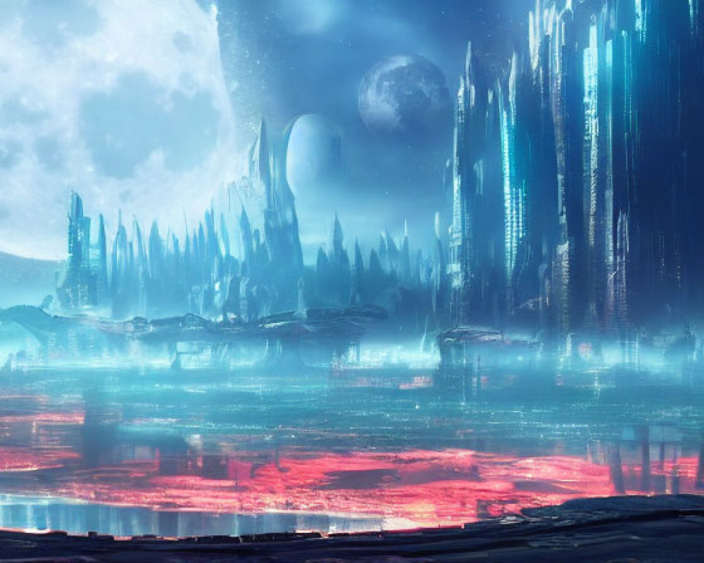 Alien landscape with towering crystal formations and multiple moons