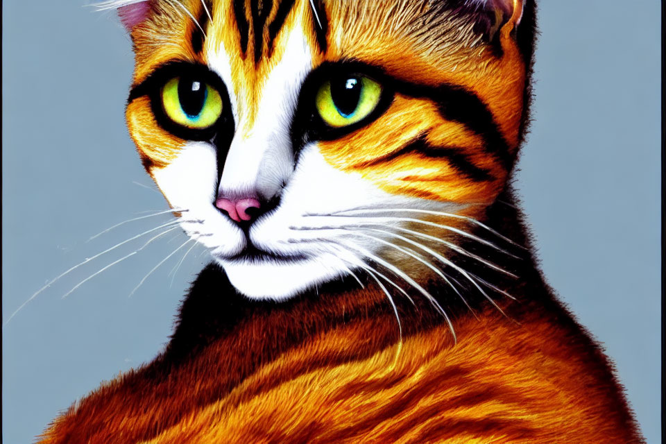 Colorful cat portrait with green eyes and orange stripes on gray background