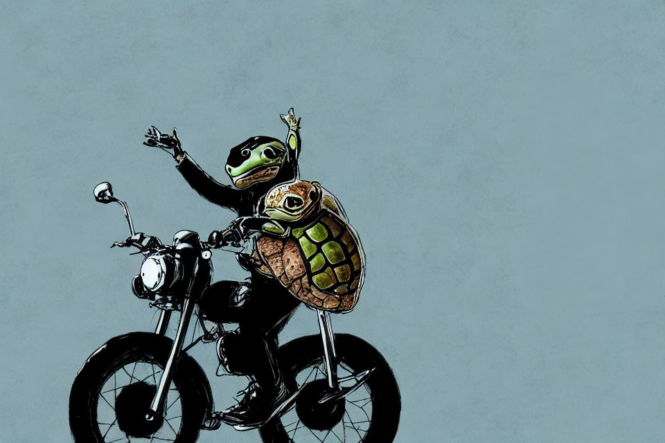 Cartoon turtle on black motorcycle with helmet, grey background