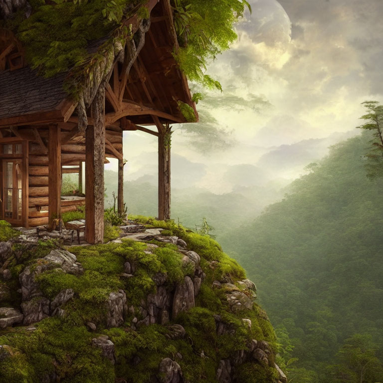 Wooden Cabin on Green Cliff with Foggy Mountains