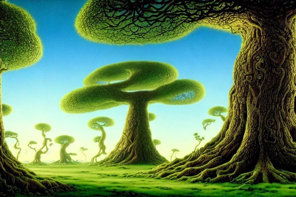 Surreal fantasy landscape with mushroom-shaped trees