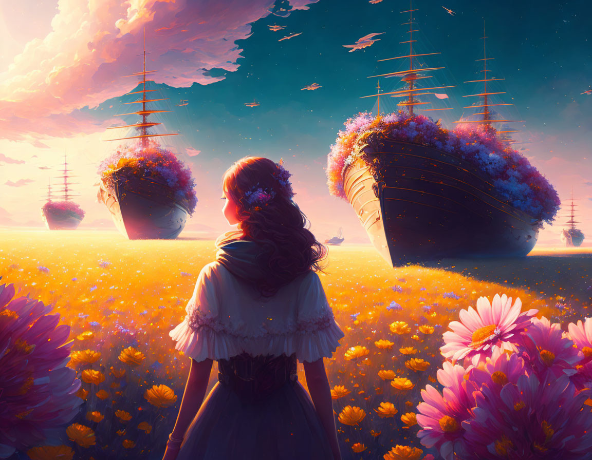 Woman in flower field watches ships in sky over sunset