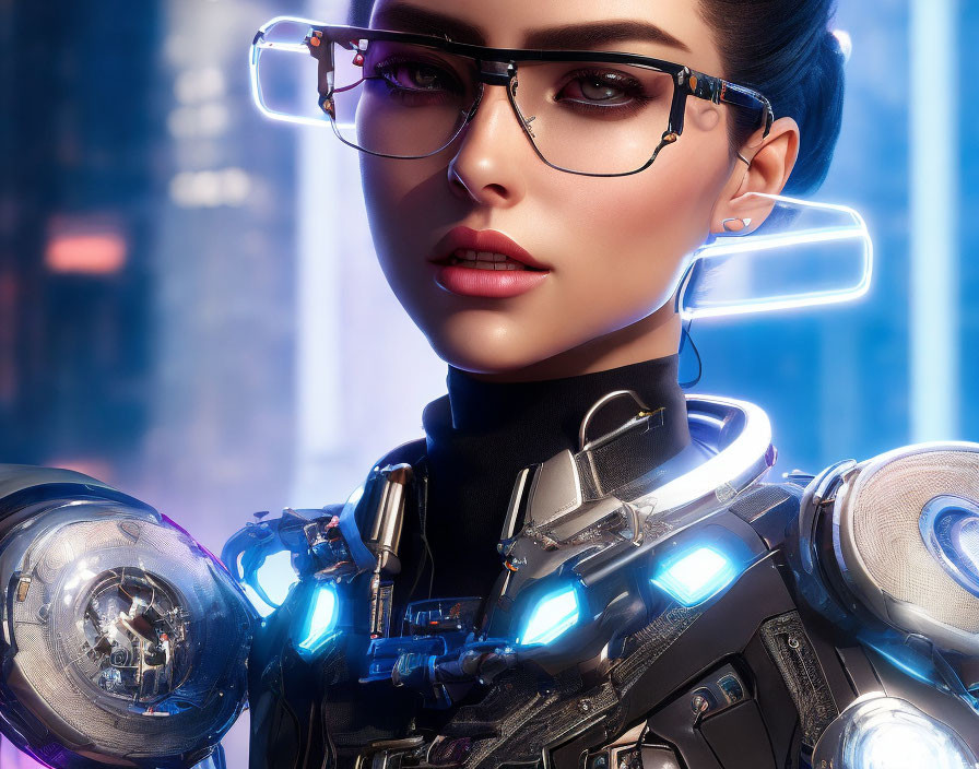 Futuristic female android in illuminated cybernetic armor and stylish glasses in neon-lit city.