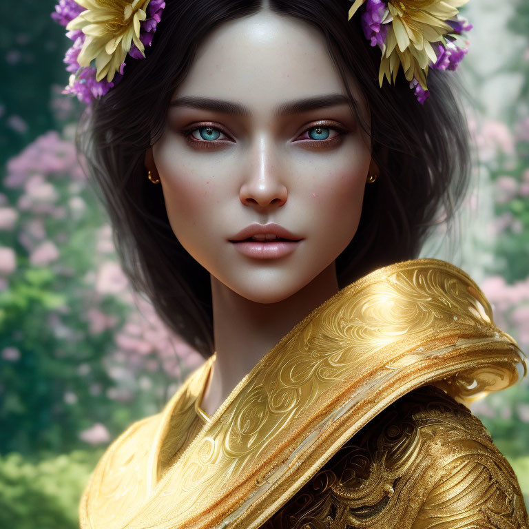 Digital portrait of woman with blue eyes, golden floral crown, and ornate armor against pink flower backdrop