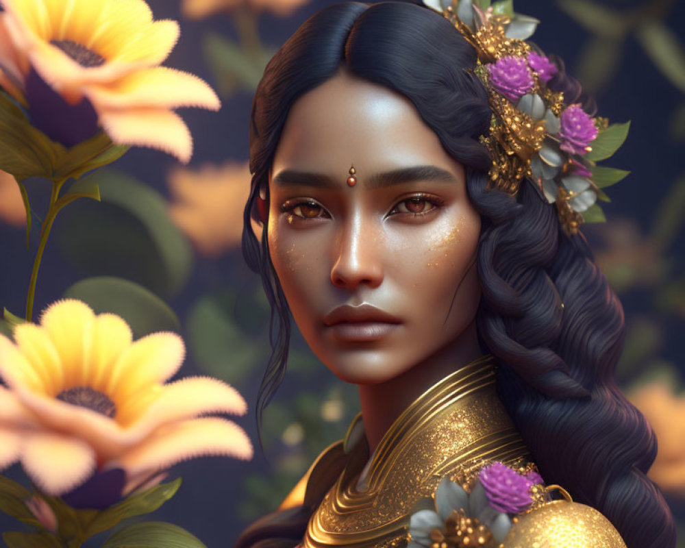 Woman adorned with gold jewelry and floral hairpiece in front of yellow blossoms.