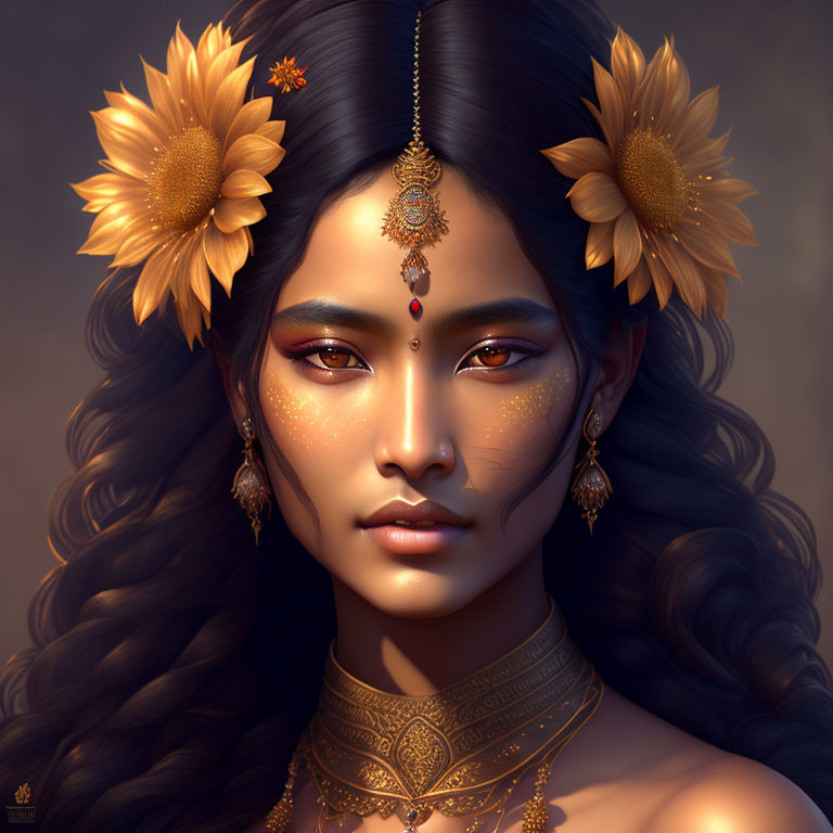 Woman Portrait with Golden Jewelry and Sunflower Adornments