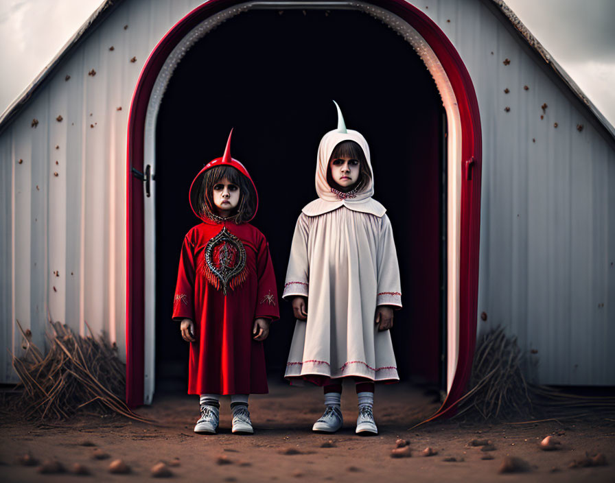 Children in Red and White Costumes by Red Round Barn Door