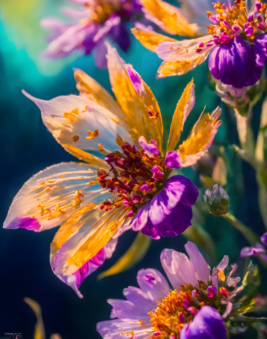 Colorful purple and yellow flowers with stamens in soft sunlight on blue-green backdrop