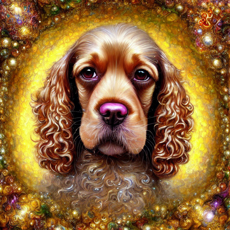 Surreal illustration of a spaniel with soulful eyes and golden glow