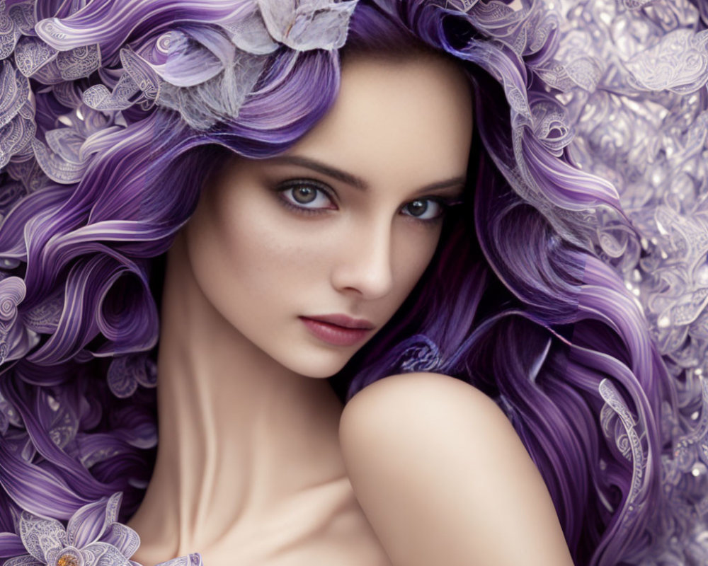 Woman with Blue Eyes and Purple Hair with Flowers and Patterns