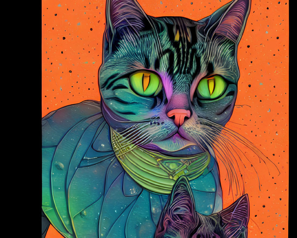 Colorful digital artwork: Two stylized cats with green eyes and striped fur on orange background