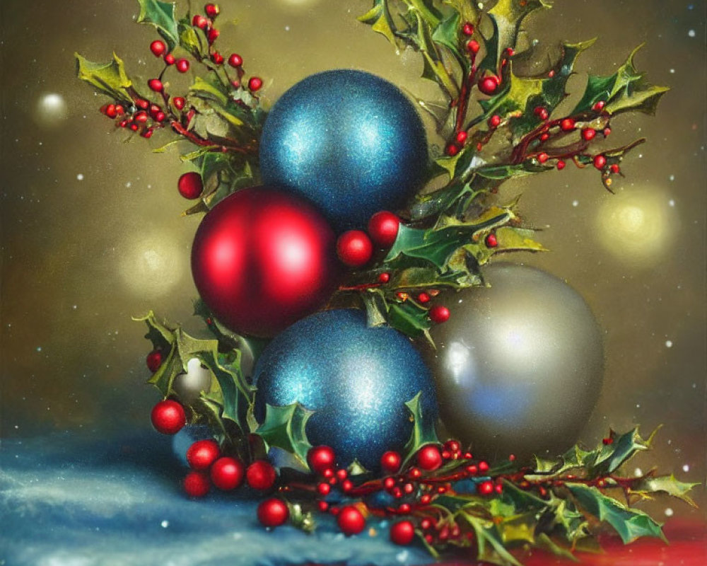 Shiny red and blue Christmas baubles with holly leaves and berries on blurred background