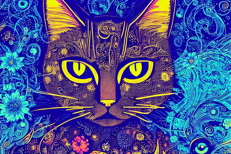 Colorful Psychedelic Cat Illustration with Floral Patterns in Blue and Purple