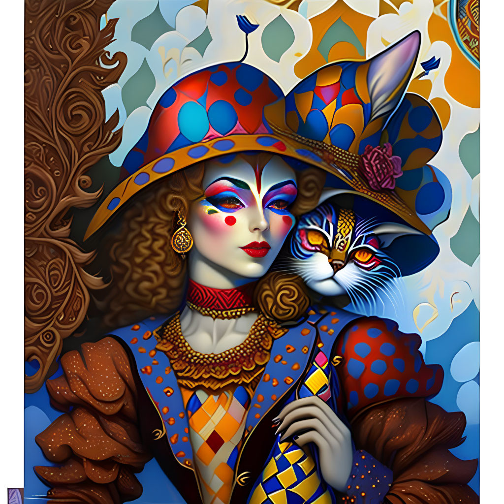 Colorful Illustration of Stylized Woman & Cat with Elaborate Hats & Clothing