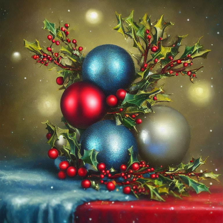 Shiny red and blue Christmas baubles with holly leaves and berries on blurred background