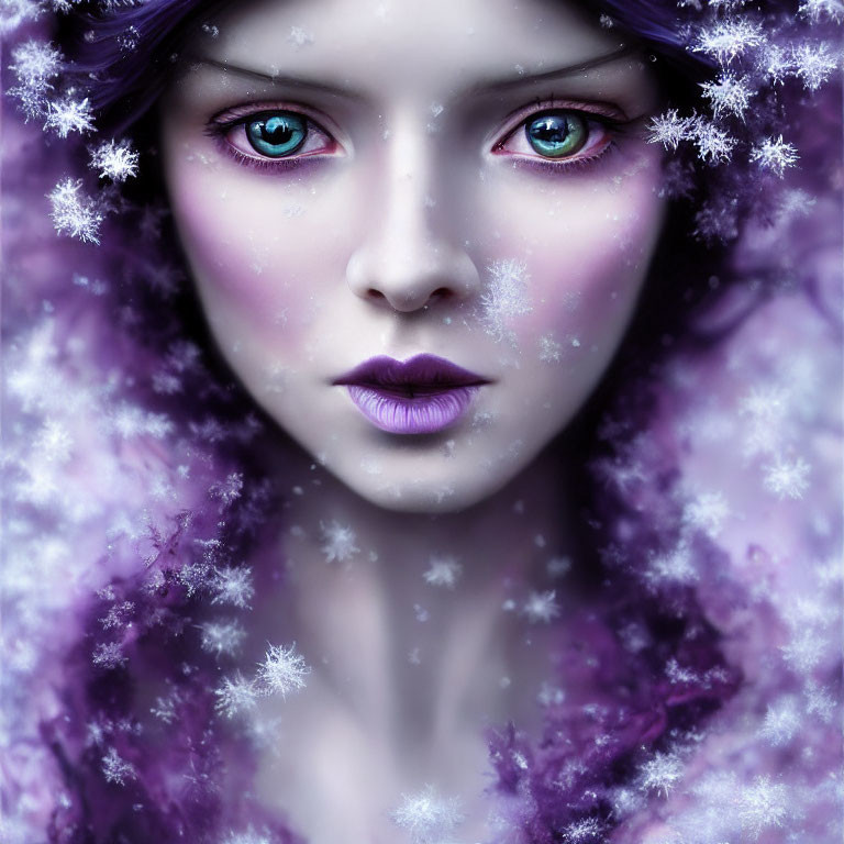 Close-up portrait of woman with blue eyes in snowy fantasy setting