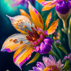 Colorful purple and yellow flowers with stamens in soft sunlight on blue-green backdrop