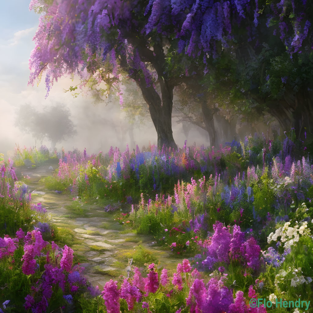 Tranquil garden path with vibrant flowers under a canopy of trees