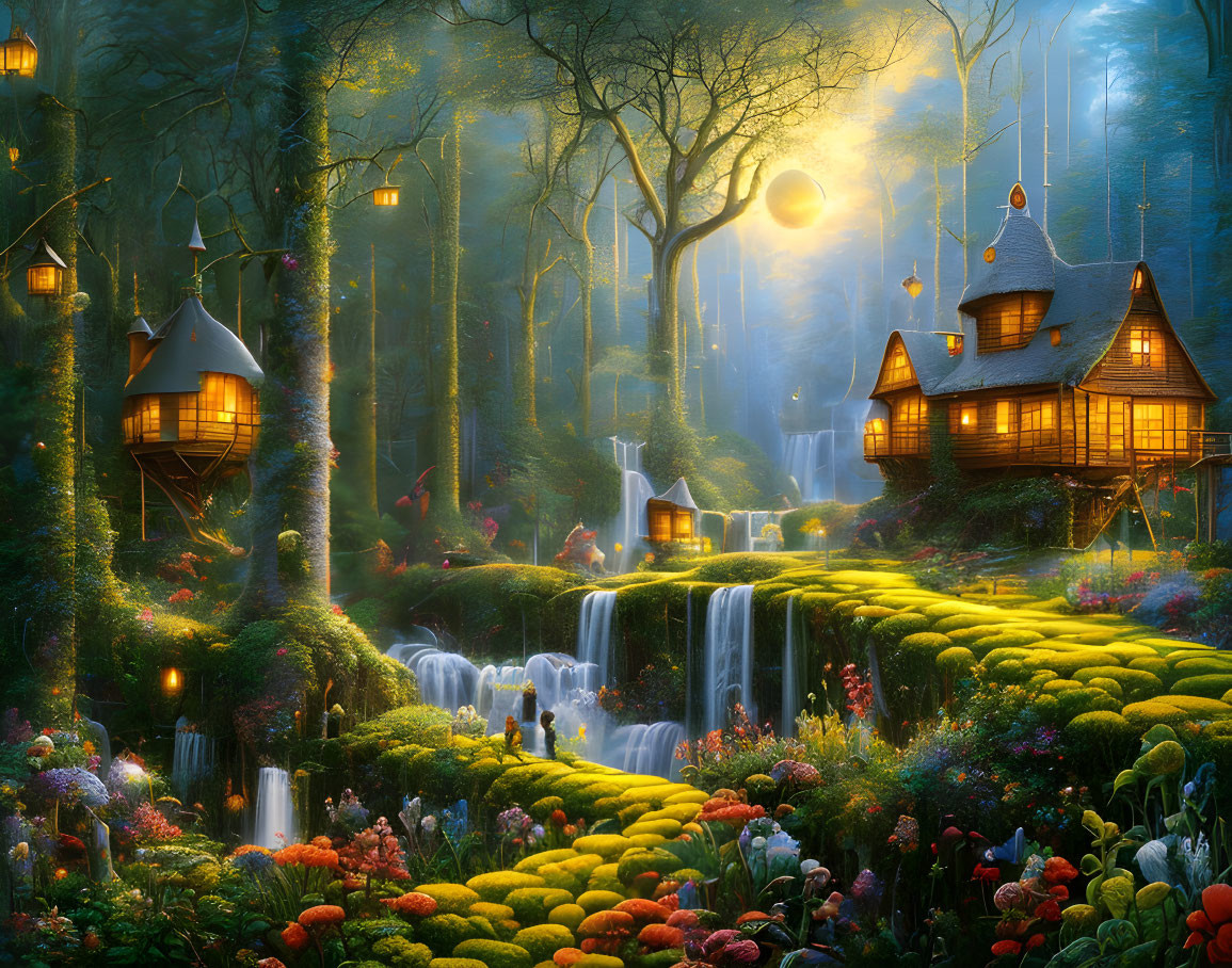 Enchanting forest scene with storybook houses near waterfalls