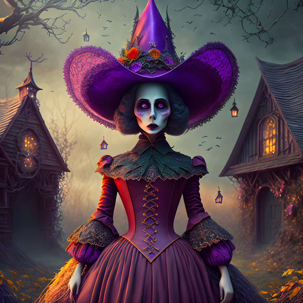 Stylized witch in purple attire with dramatic makeup in spooky setting