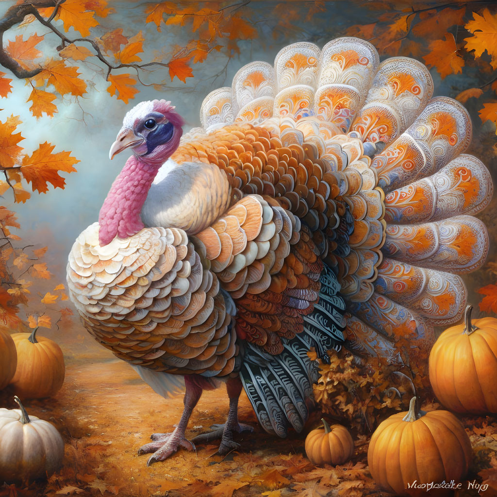 Colorful Turkey Surrounded by Pumpkins and Autumn Leaves in Woodland Setting