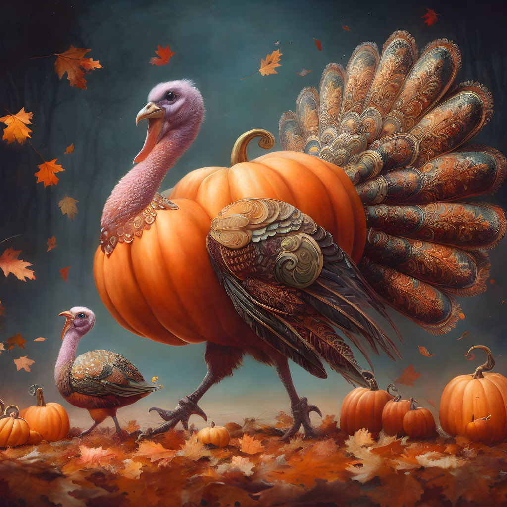 Illustration of two turkeys with peacock-like feathers by a large pumpkin in autumn.