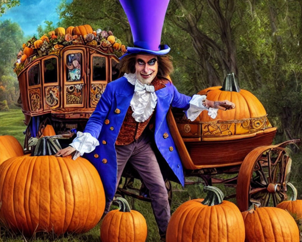 Whimsical character with purple top hat and blue coat in forest with colorful caravan