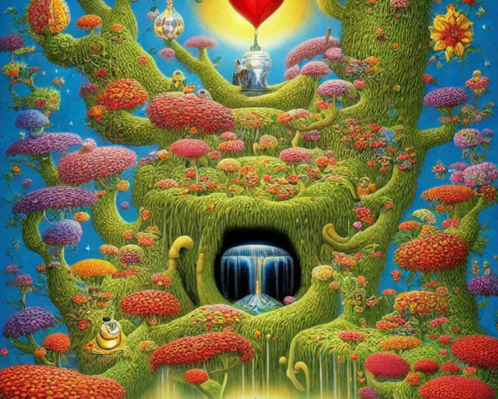 Colorful fantasy landscape with heart-shaped balloon, surreal tree, and vibrant flora.
