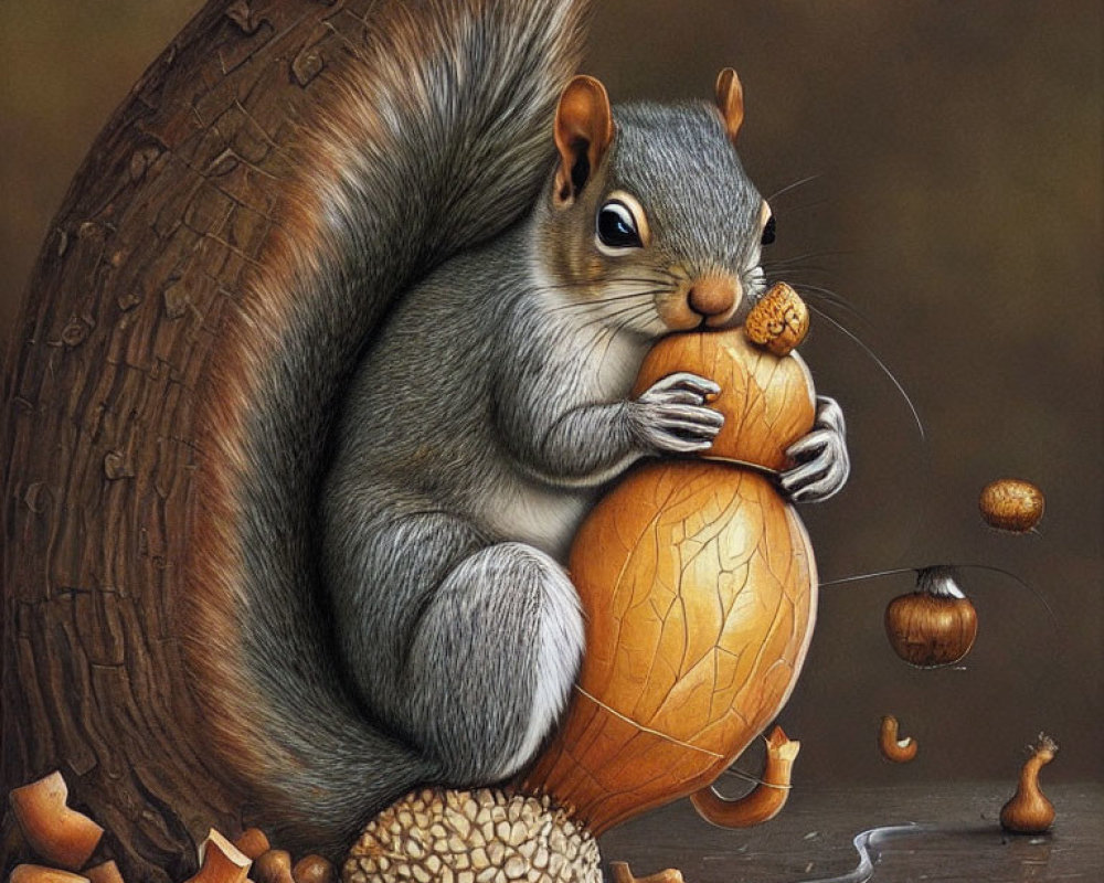 Squirrel Nestled by Tree with Acorn and Wood Shavings