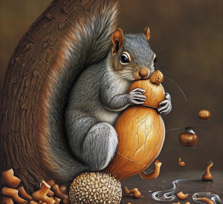 Squirrel Nestled by Tree with Acorn and Wood Shavings