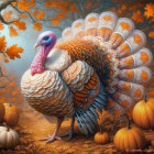 Colorful Turkey Surrounded by Pumpkins and Autumn Leaves in Woodland Setting