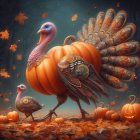 Illustration of two turkeys with peacock-like feathers by a large pumpkin in autumn.