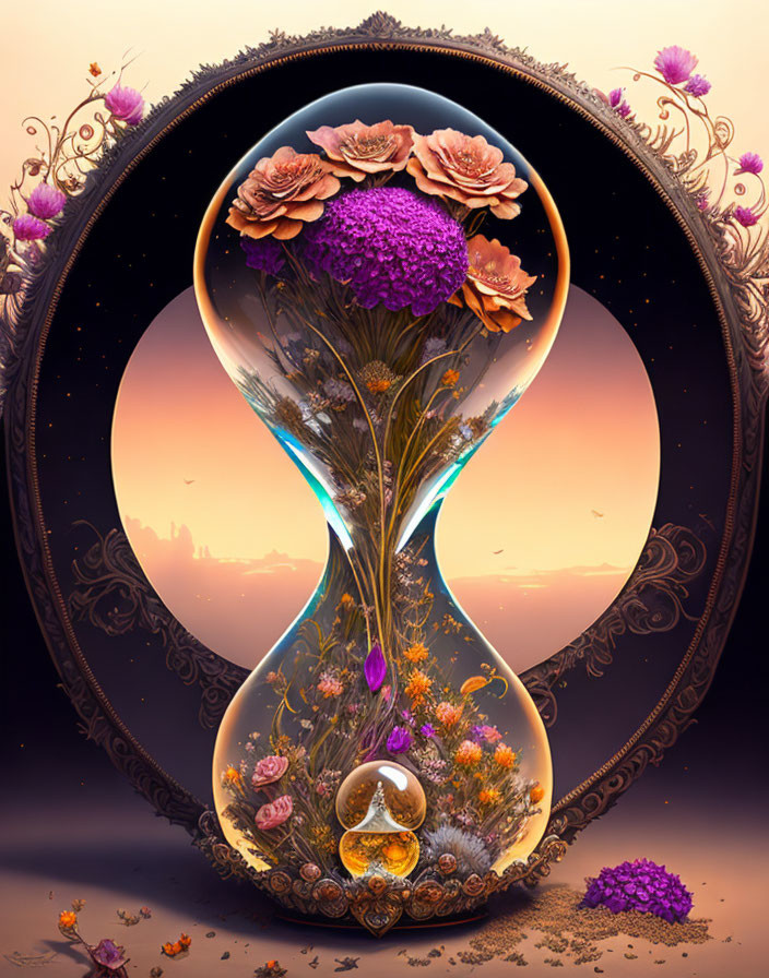 Hourglass Filled with Flowers and Plants in Vintage Frame against Orange Sky