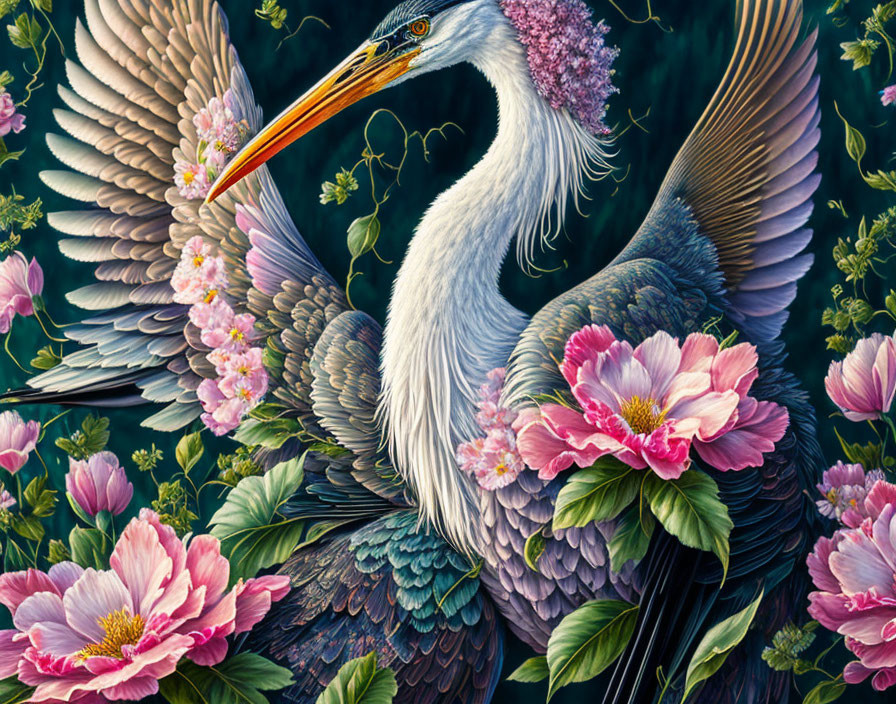 Elegant crane with spread wings among pink flowers and green foliage