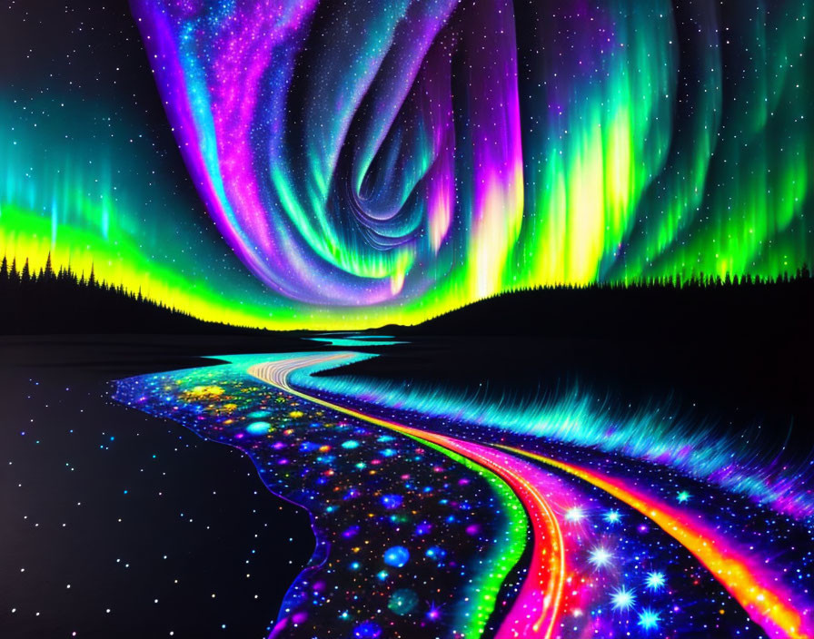 Surreal landscape with swirling aurora borealis over neon-lit river