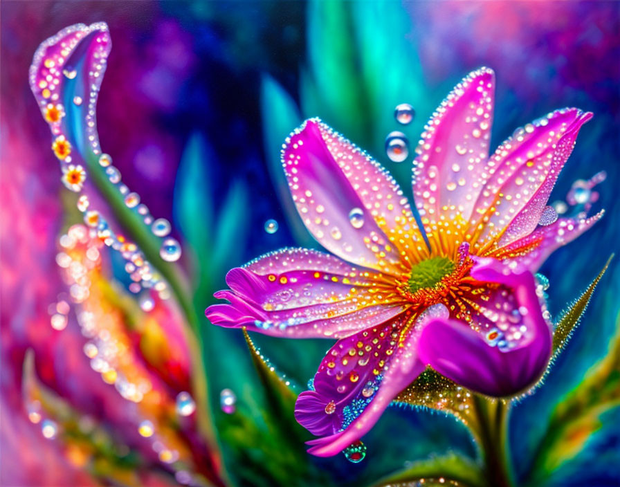 Close-up Vibrant Dew-Covered Pink Flower with Colorful Background