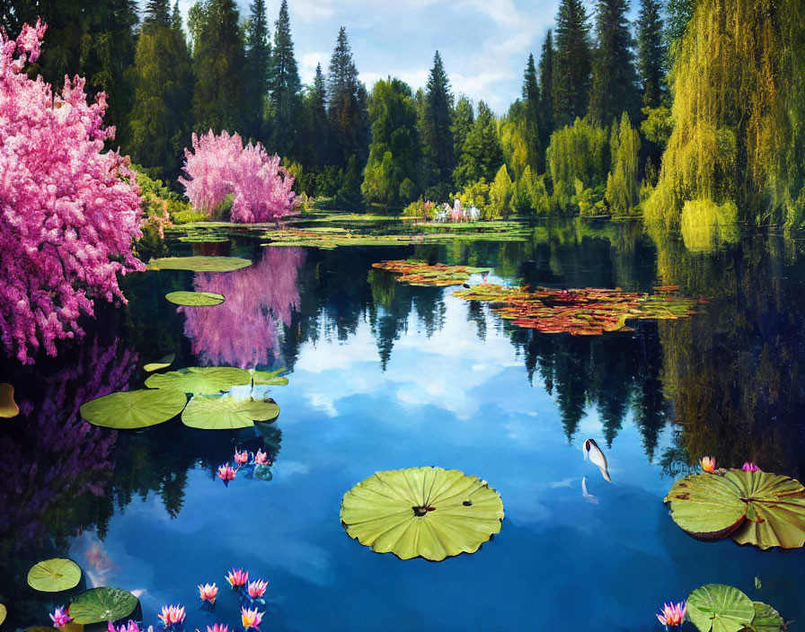 Tranquil lake scene with pink trees, swan, and water lilies reflecting lush greenery