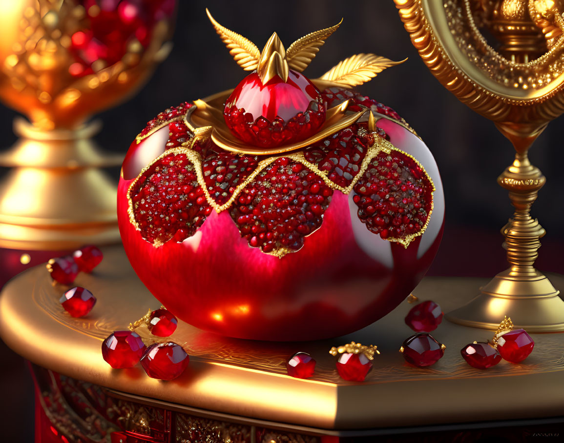 Luxurious Pomegranate-Themed Decor with Gold Accents and Red Gemstones