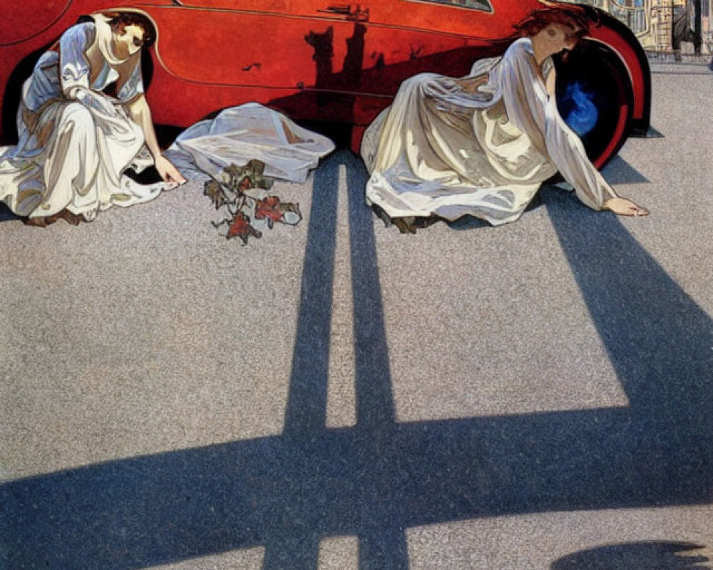 Surreal illustration of two identical women in white dresses by a red car and its shadow with scattered