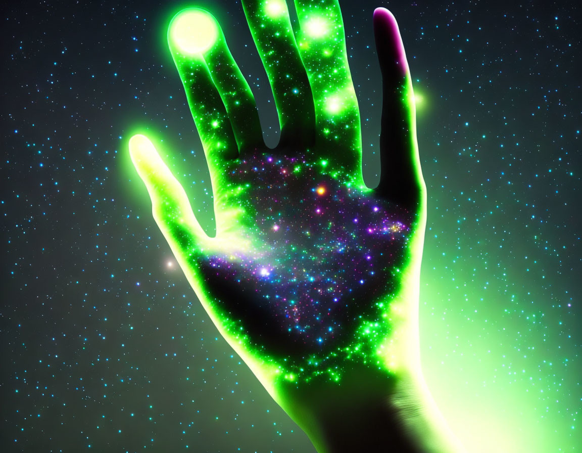 Cosmic galaxy pattern glowing hand on starry night sky background