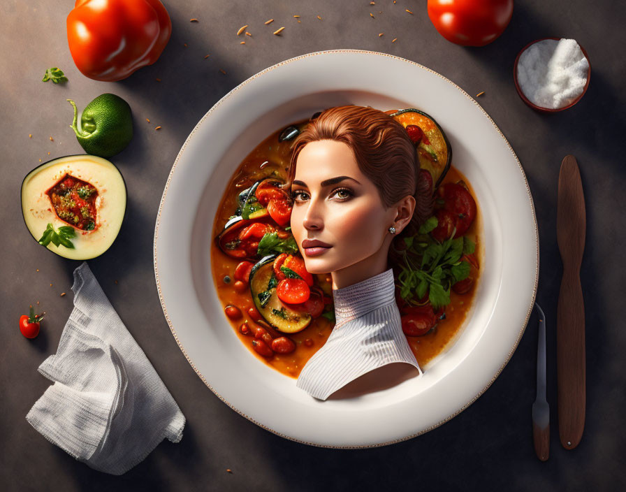 Woman's face artfully integrated into food plate with tomatoes, herbs, and cutlery