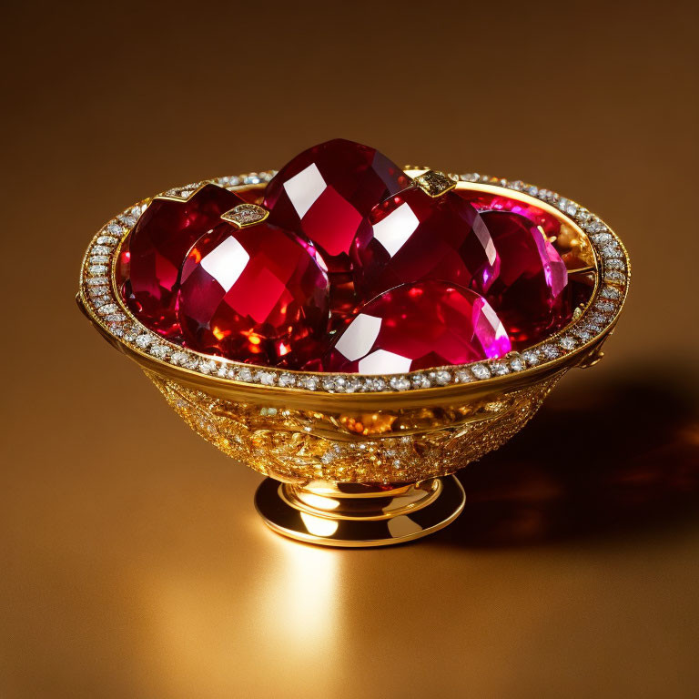 Luxurious Golden Bowl with Diamonds and Rubies on Reflective Surface