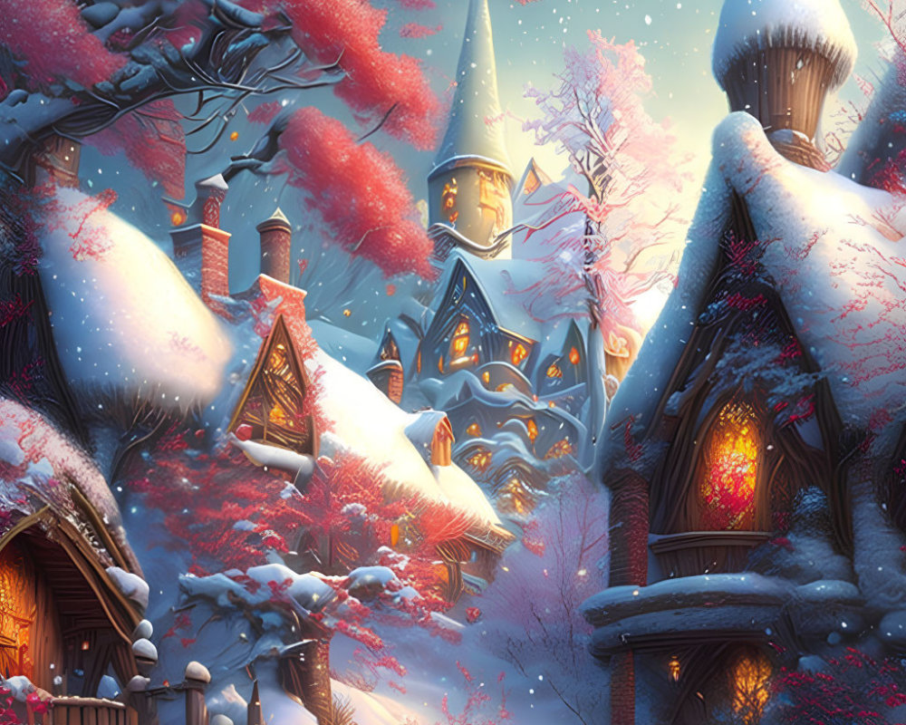 Snow-covered rooftops and red-leafed trees in a magical winter village